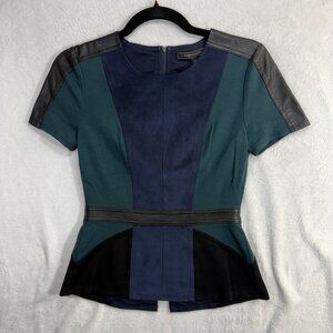 BCBGMAXAZRIA XS Peplum Cassaundra Top Blue Colorblock Faux‎ Leather Seen on TV